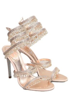 Rene Caovilla Crystal Fringe Chandelier Strappy High Heels - Champagne